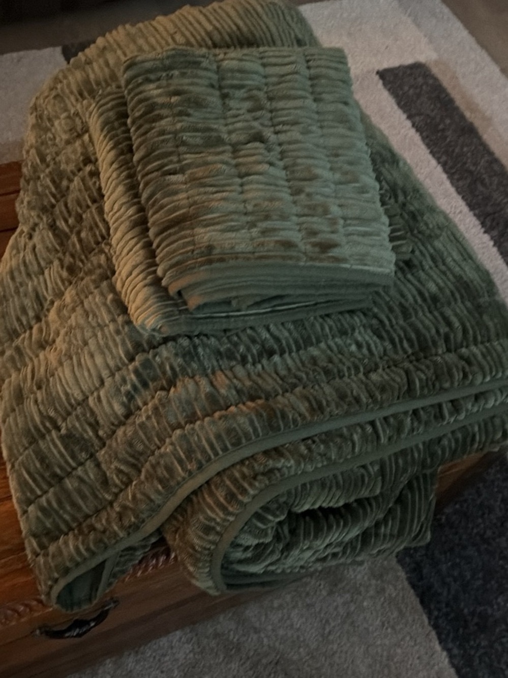 Plush Ribbed Throw Blanket and Pillow Set - Olive Green